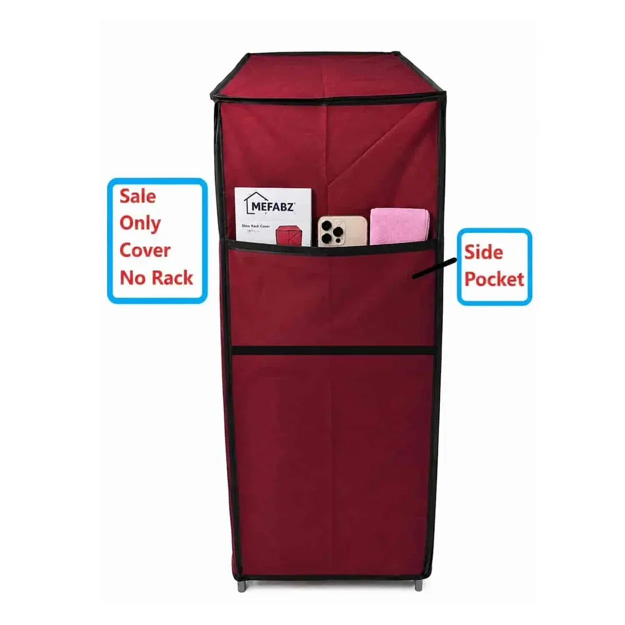 MEFABZ Shoe Rack Cover only 6 Layer (Red), 30D x 60W x 112H cm, Dustproof Zipper Storage Cover with 2 Side Pockets (1 Each Side), Washable 100 GSM Non-Woven Fabric, Foldable Replacement Covers for Home - Image 5