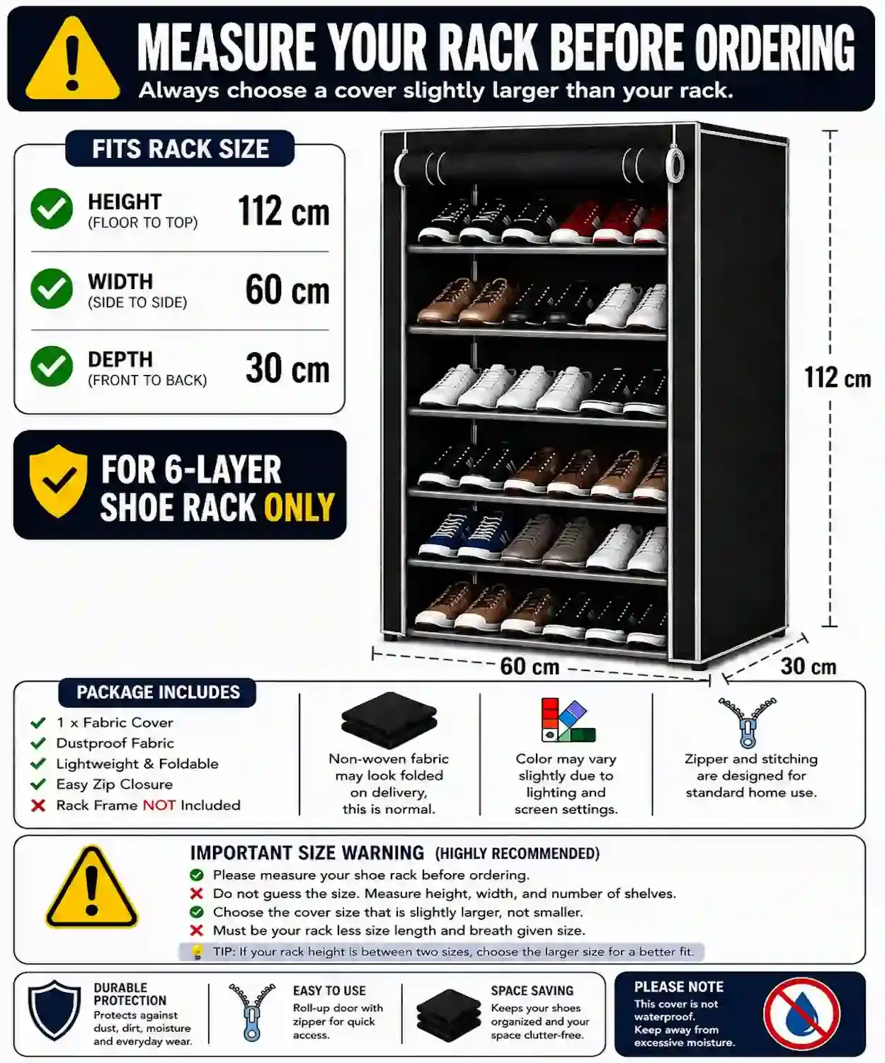 MEFABZ Shoe Rack Cover only 6 Layer (Black), 30D x 60W x 112H cm, Dustproof Zipper Storage Cover with 2 Side Pockets (1 Each Side), Washable 100 GSM Non-Woven Fabric, Foldable Replacement Covers for Home - Image 3