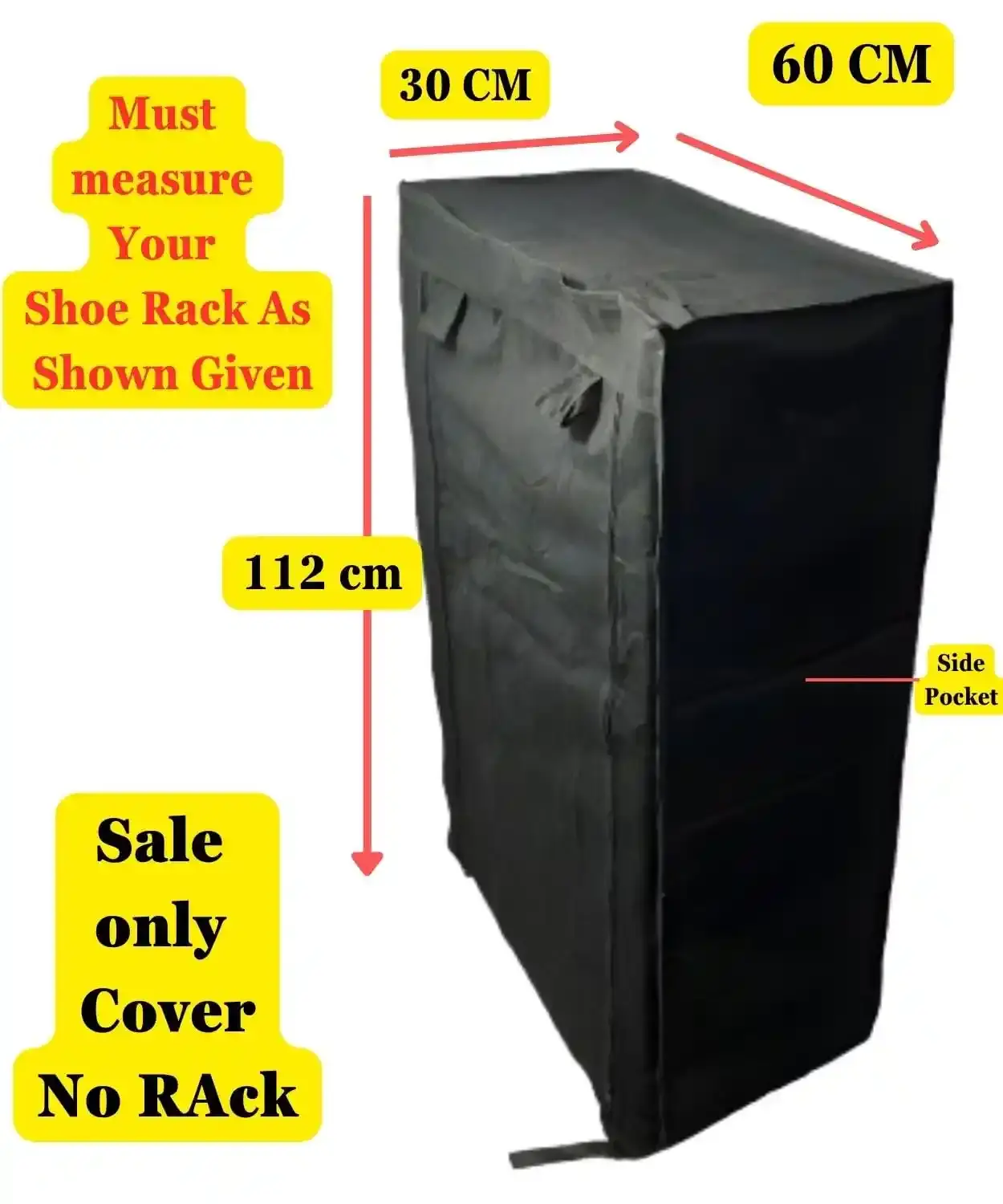 MEFABZ Shoe Rack Cover only 6 Layer (Black), 30D x 60W x 112H cm, Dustproof Zipper Storage Cover with 2 Side Pockets (1 Each Side), Washable 100 GSM Non-Woven Fabric, Foldable Replacement Covers for Home - Image 4