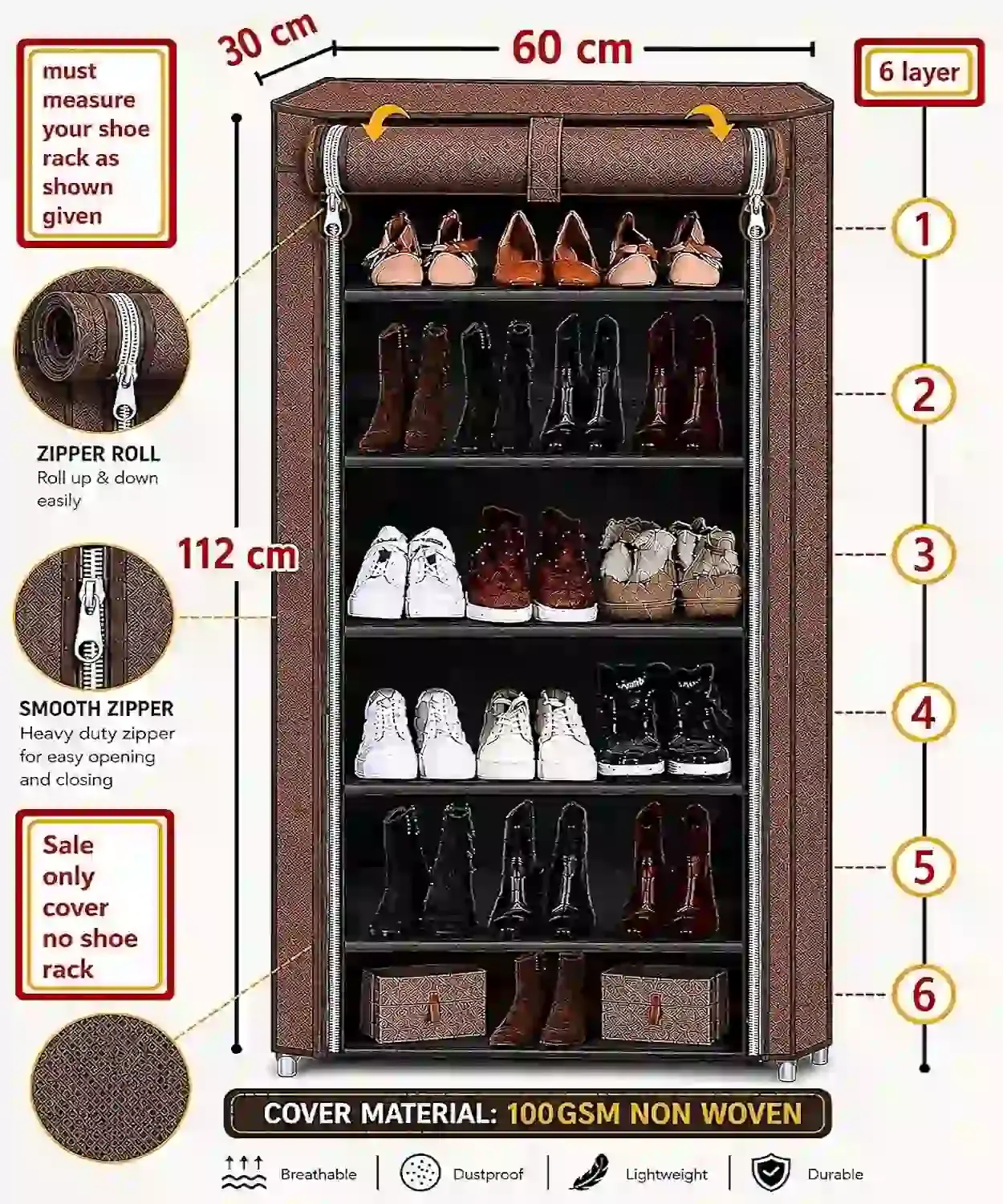 MEFABZ Shoe Rack Cover only 6 Layer (Brown), 30D x 60W x 112H cm, Dustproof Zipper Storage Cover with 2 Side Pockets (1 Each Side), Washable 100 GSM Non-Woven Fabric, Foldable Replacement Covers for Home - Image 2