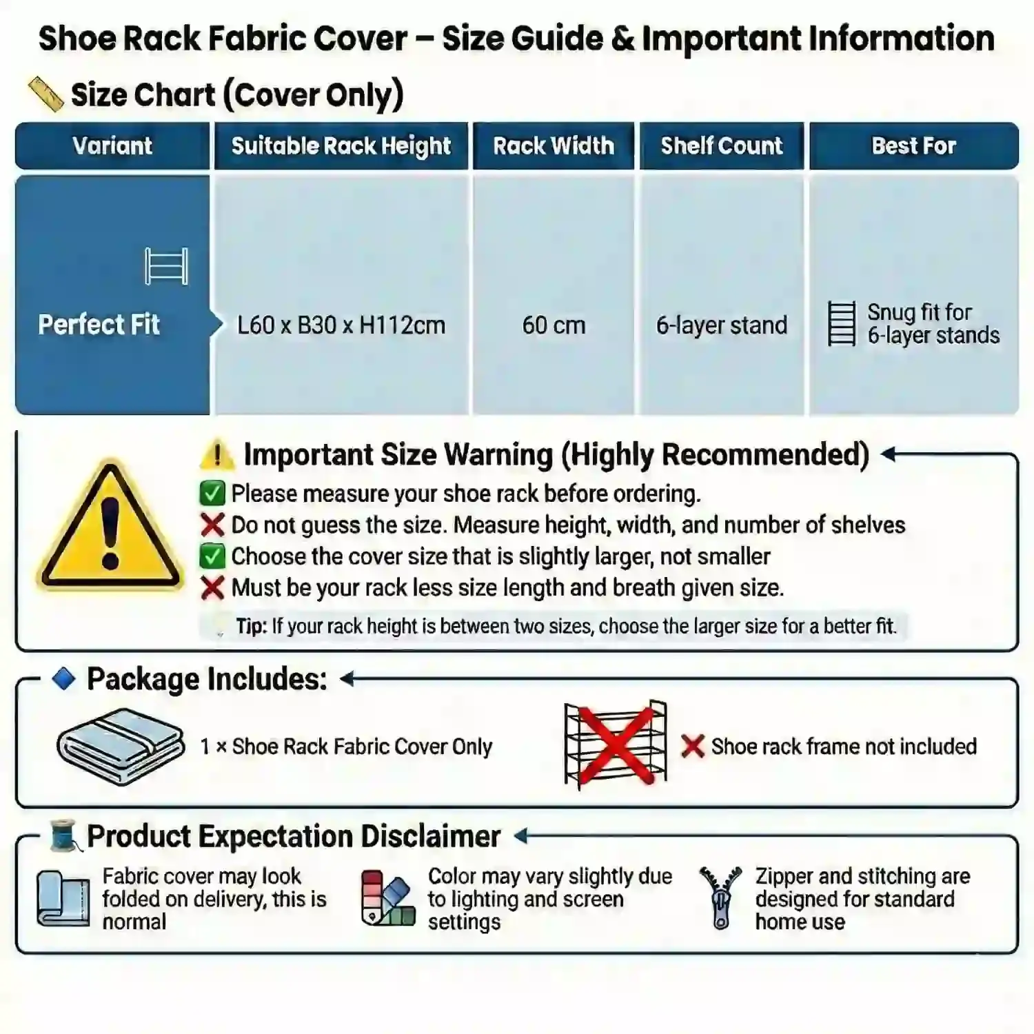 MEFABZ Shoe Stand Cover only 6 Layer (30D x 60W x 112H cm)(Grey) Dustproof Zipper Storage Cover, Washable 100 GSM Non-Woven Fabric, Foldable Rack Replacement Covers for Home - Image 6