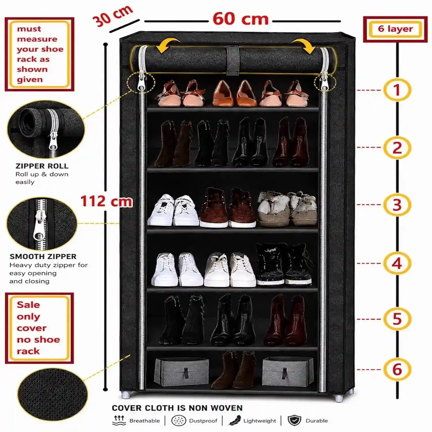 MEFABZ Shoe Stand Cover only 6 Layer (30D x 60W x 112H cm)(Grey) Dustproof Zipper Storage Cover, Washable 100 GSM Non-Woven Fabric, Foldable Rack Replacement Covers for Home - Image 2