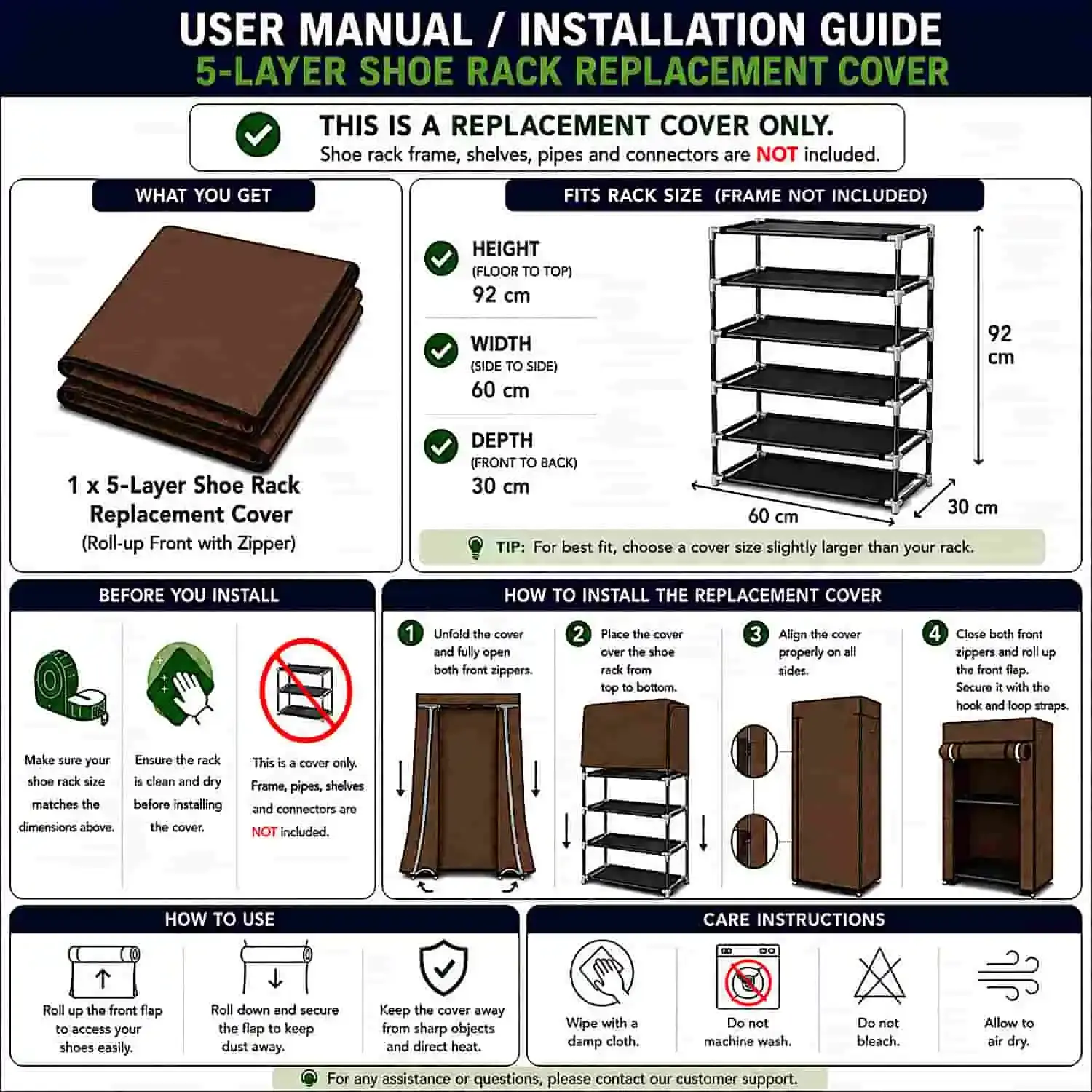 MEFABZ Shoe Rack Cover only 5 Layer (Brown) (30D x 60W x 92H cm) Dustproof Zipper Storage Cover, Washable 100 GSM Non-Woven Fabric, Foldable Rack Replacement Covers for Home - Image 2