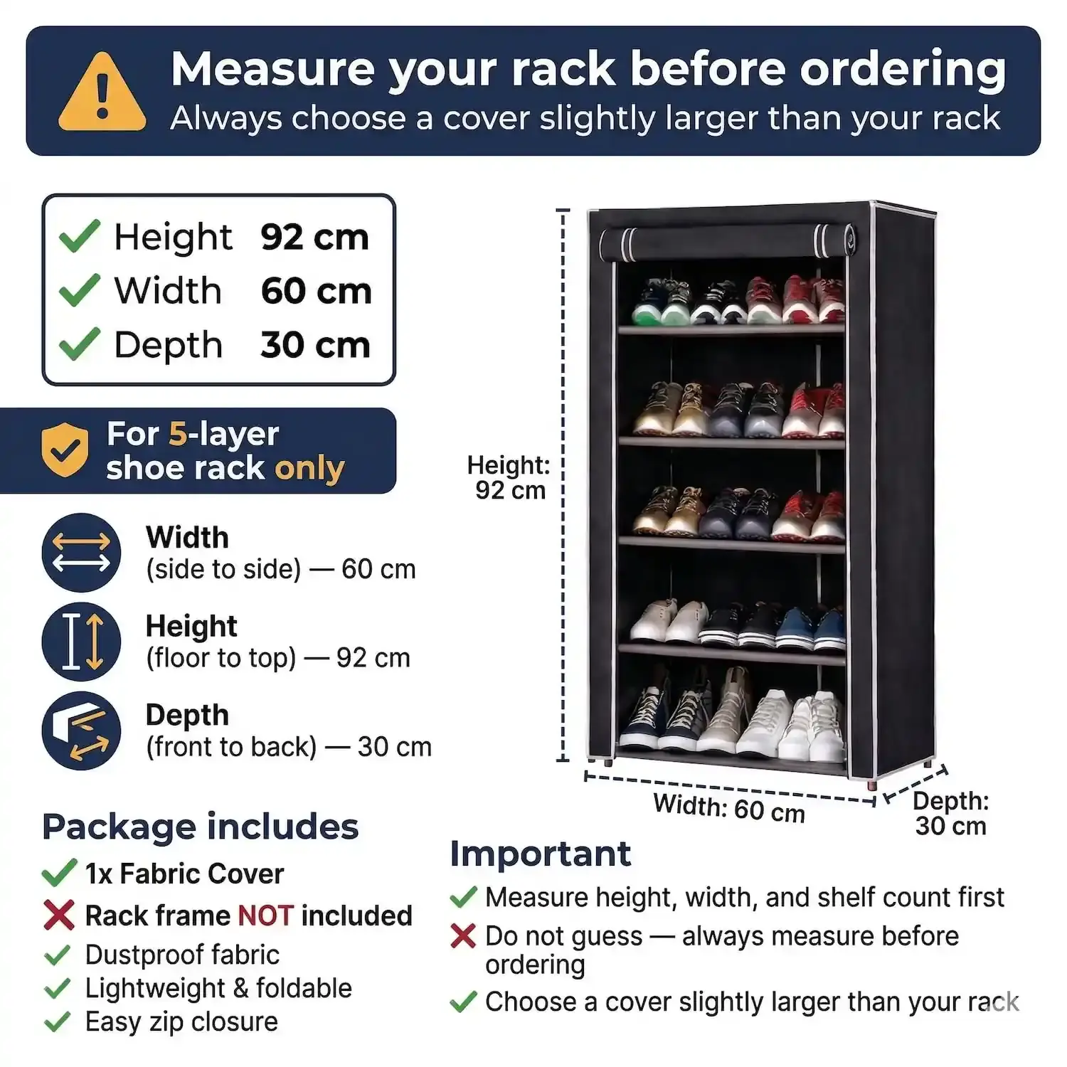 MEFABZ Shoe Rack Cover only 5 Layer (Black) (30D x 60W x 92H cm) Dustproof Zipper Storage Cover, Washable 100 GSM Non-Woven Fabric, Foldable Rack Replacement Covers for Home - Image 3