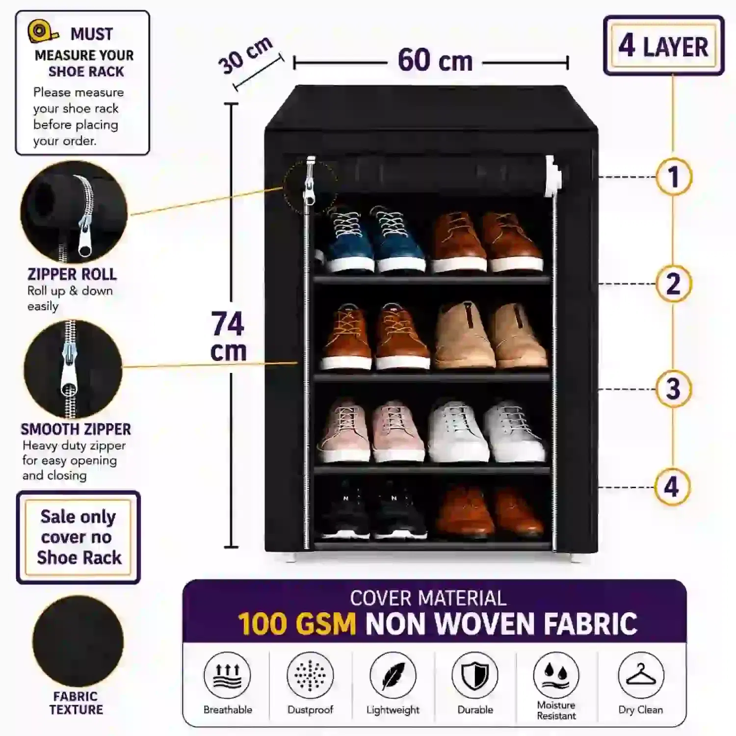 MEFABZ Shoe Rack Cover only 4 Layer (Black) (30D x 60W x 74H cm) Dustproof Zipper Storage Cover, Washable 100 GSM Non-Woven Fabric, Foldable Rack Replacement Covers for Home - Image 2