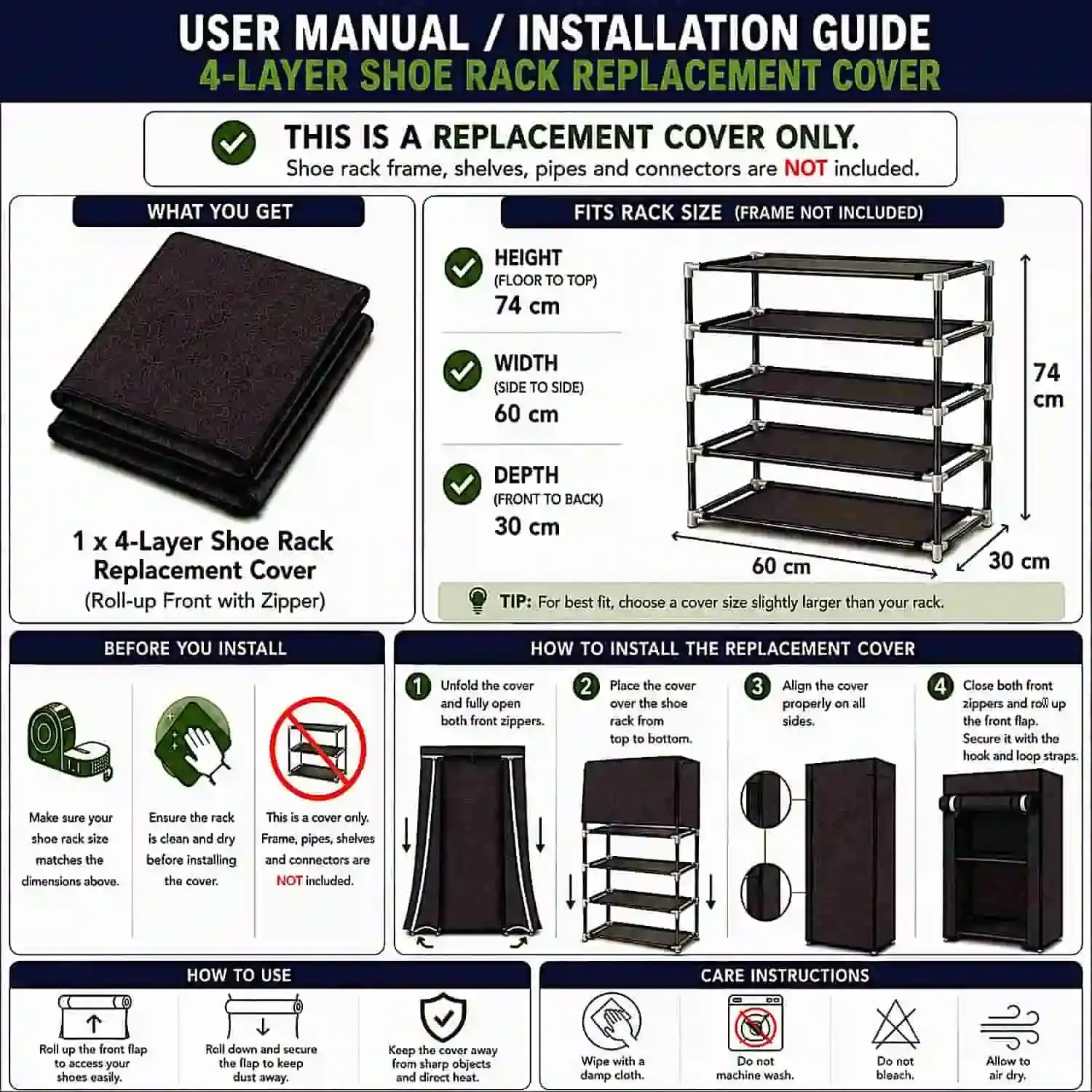 MEFABZ Shoe Rack Cover only 4 Layer (Black) (30D x 60W x 74H cm) Dustproof Zipper Storage Cover, Washable 100 GSM Non-Woven Fabric, Foldable Rack Replacement Covers for Home - Image 5