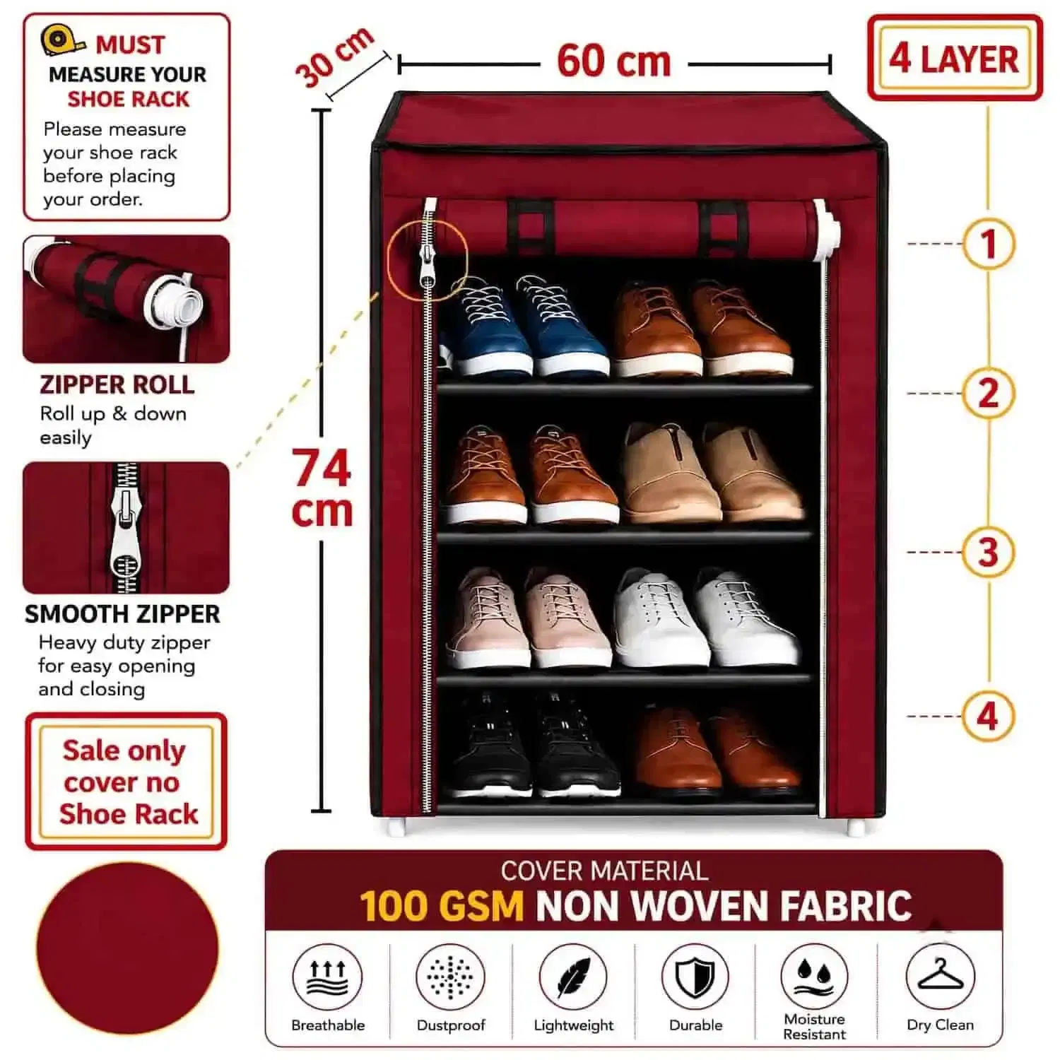 MEFABZ Shoe Rack Cover only 4 Layer (Red) (30D x 60W x 74H cm) Dustproof Zipper Storage Cover, Washable 100 GSM Non-Woven Fabric, Foldable Rack Replacement Covers for Home - Image 2