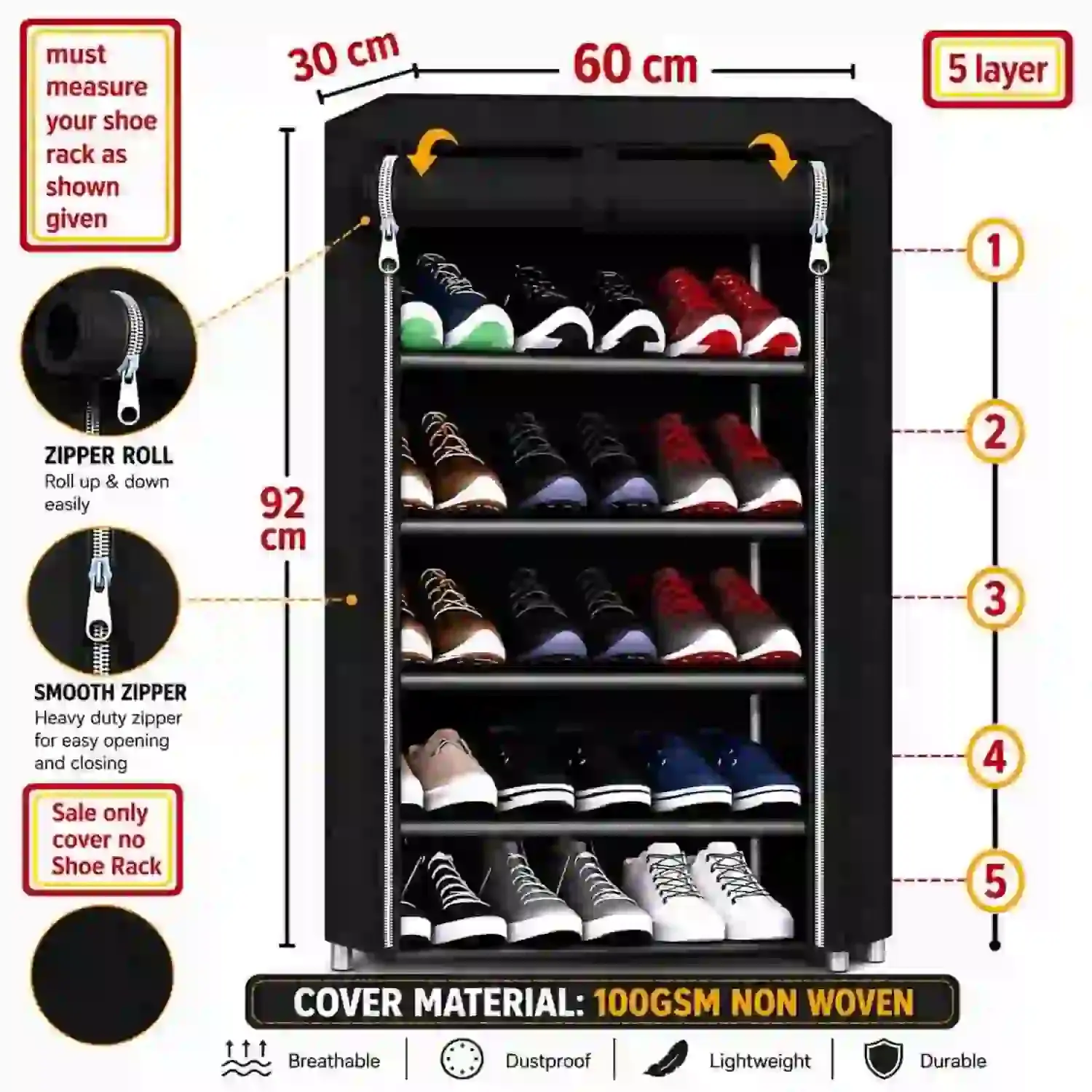 MEFABZ Shoe Rack Cover only 5 Layer (Black) (30D x 60W x 92H cm) Dustproof Zipper Storage Cover, Washable 100 GSM Non-Woven Fabric, Foldable Rack Replacement Covers for Home - Image 2