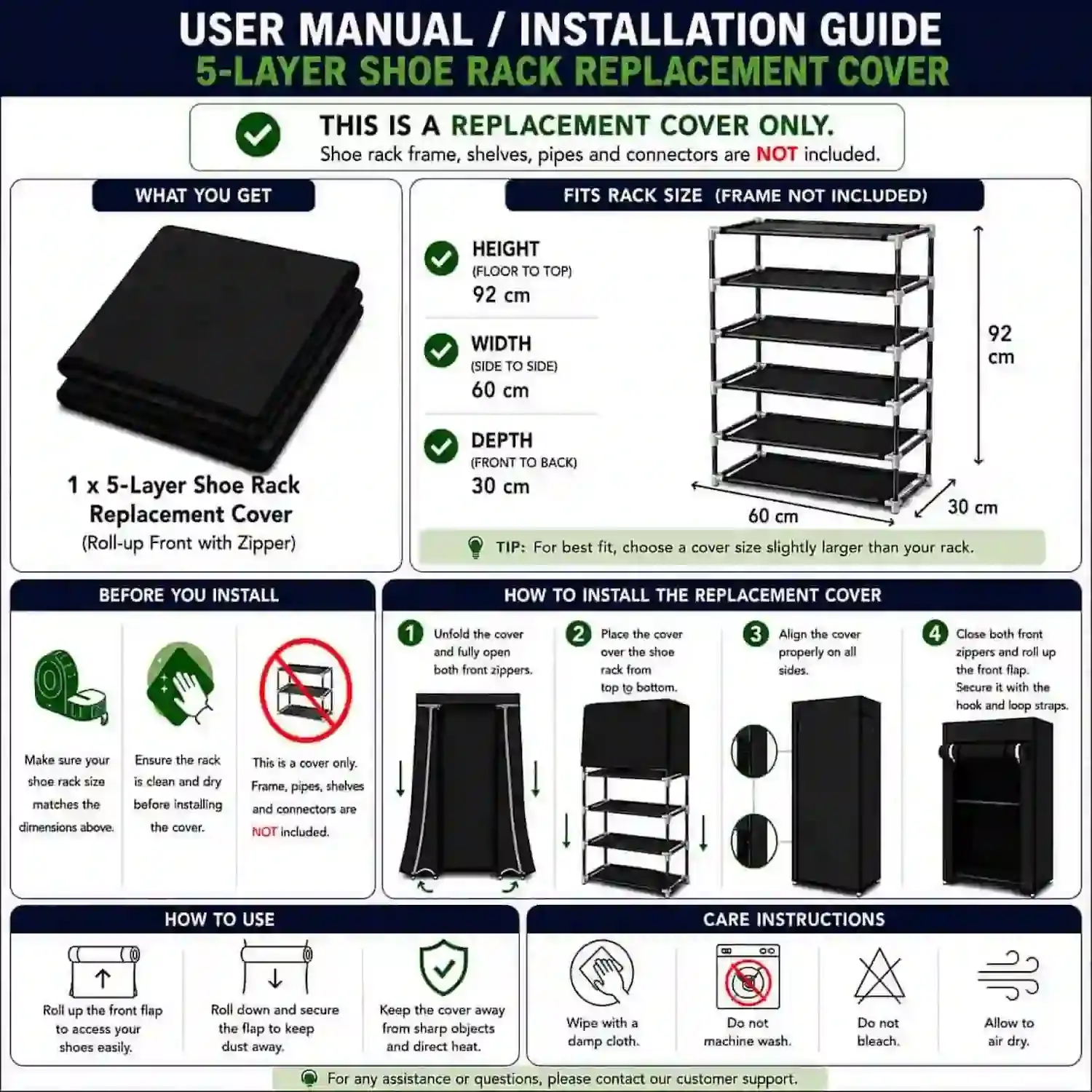 MEFABZ Shoe Rack Cover only 5 Layer (Black) (30D x 60W x 92H cm) Dustproof Zipper Storage Cover, Washable 100 GSM Non-Woven Fabric, Foldable Rack Replacement Covers for Home - Image 4