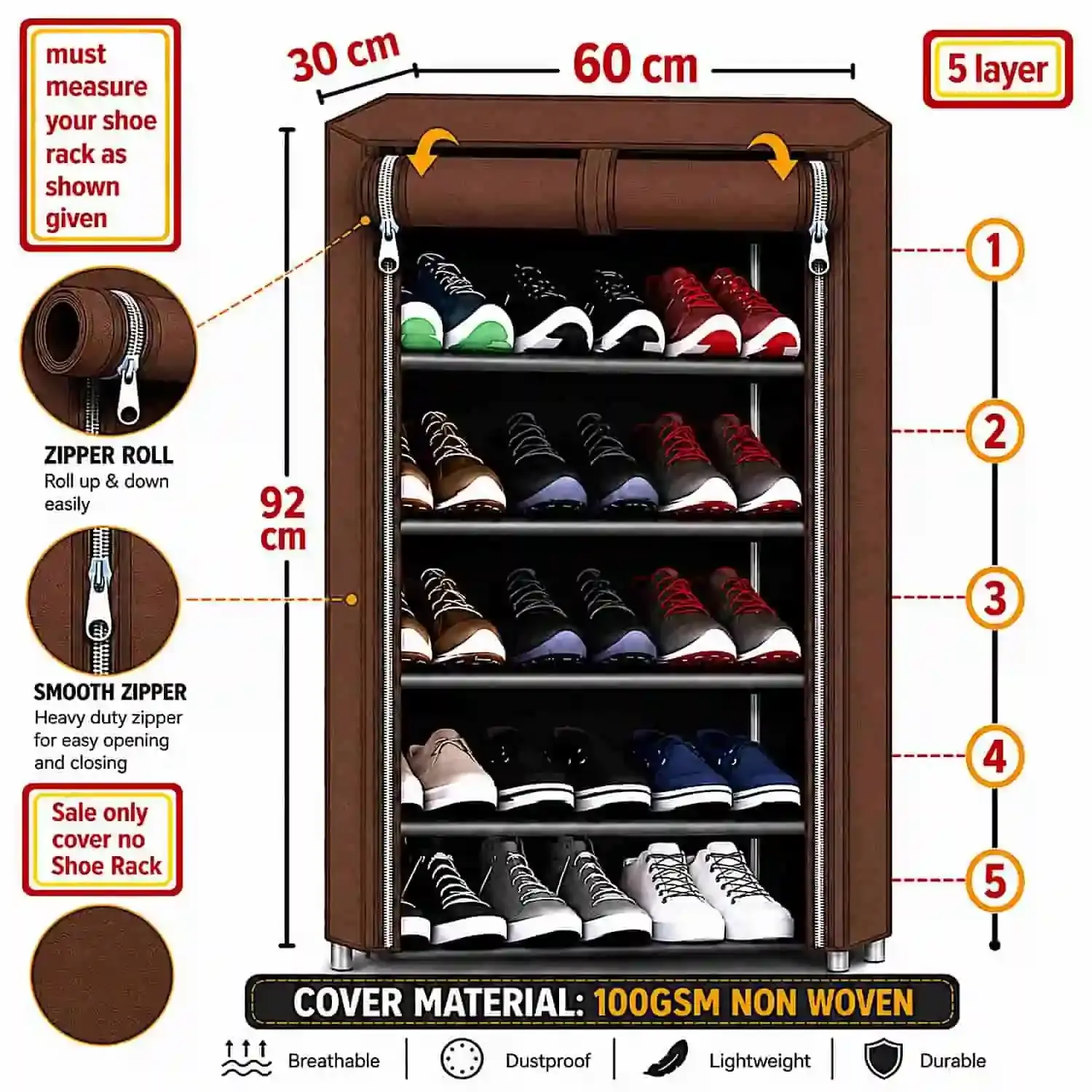 MEFABZ Shoe Rack Cover only 5 Layer (Brown) (30D x 60W x 92H cm) Dustproof Zipper Storage Cover, Washable 100 GSM Non-Woven Fabric, Foldable Rack Replacement Covers for Home - Image 5