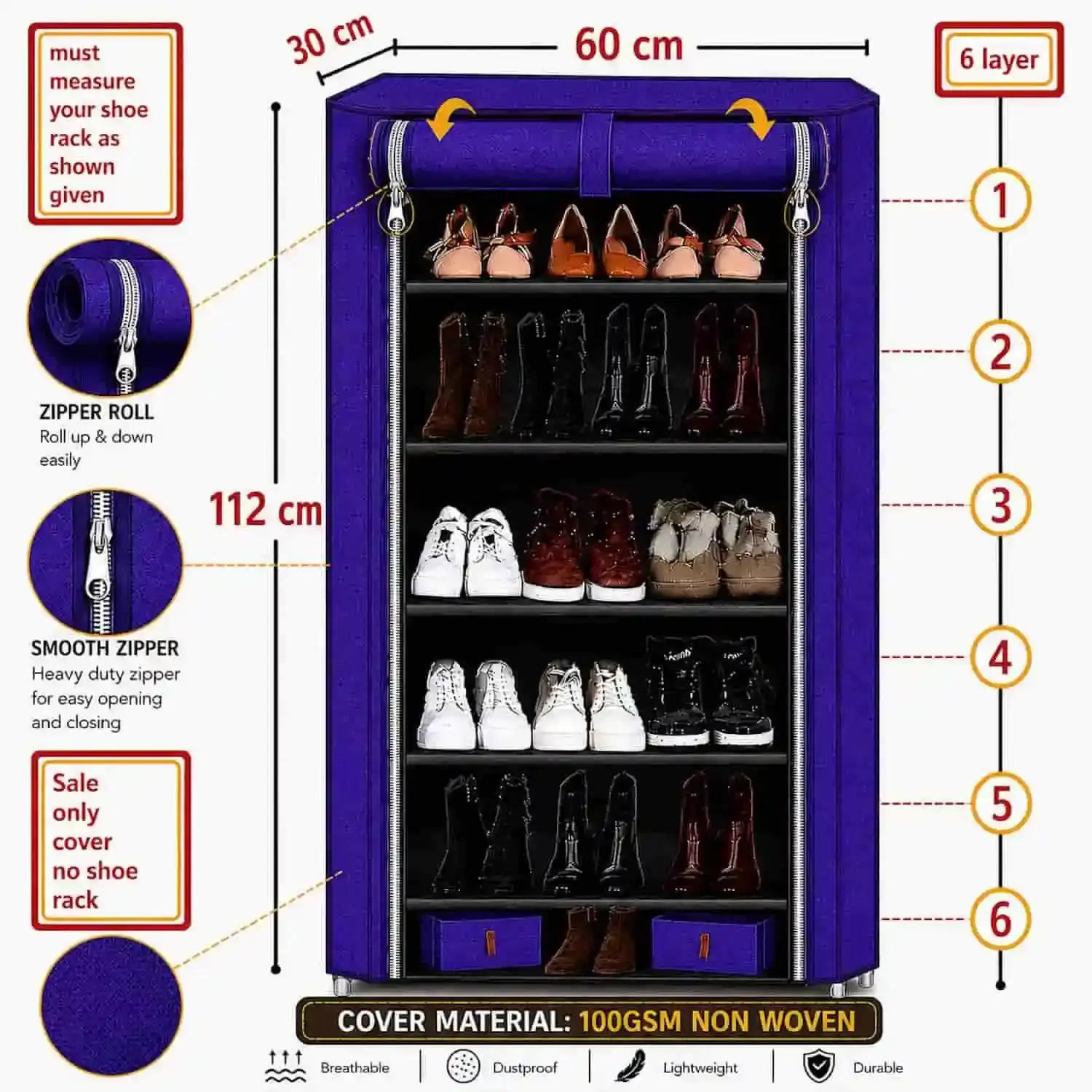 MEFABZ Shoe Rack Cover only 6 Layer (Blue), 30D x 60W x 112H cm, Dustproof Zipper Storage Cover with 2 Side Pockets (1 Each Side), Washable 100 GSM Non-Woven Fabric, Foldable Replacement Covers for Home - Image 2